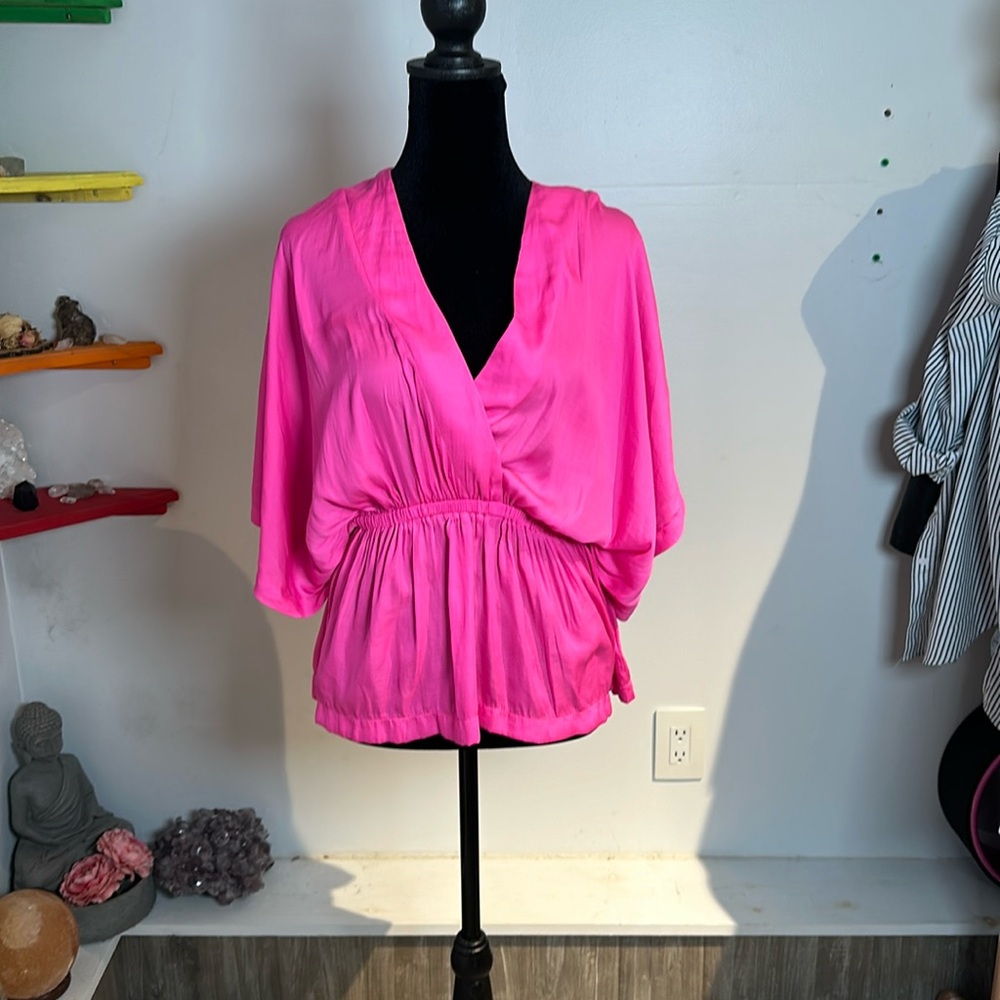 Neon, pink silk peplum shirt size small